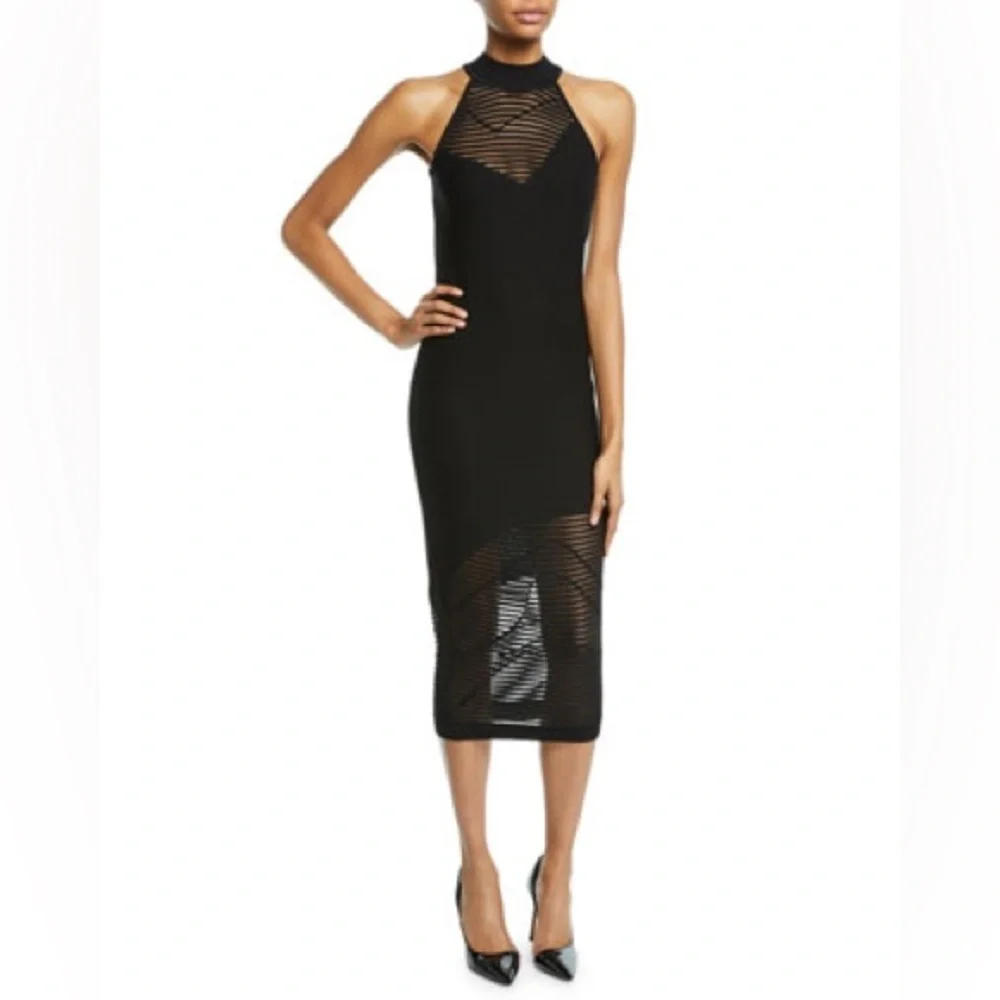 Cushnie et Ochs Stripe Mock-Neck Knit Sleeveless Body-Con Dress NWT Medium Black